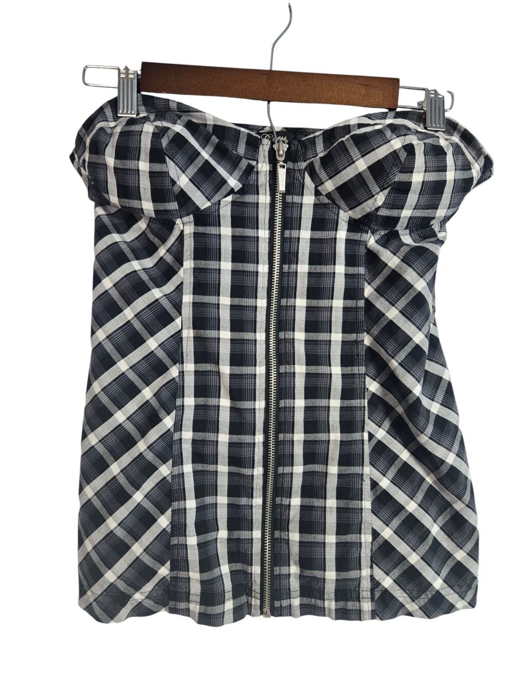 GUESS Plaid Strapless Zip‑Front Bustier Top – Size M
